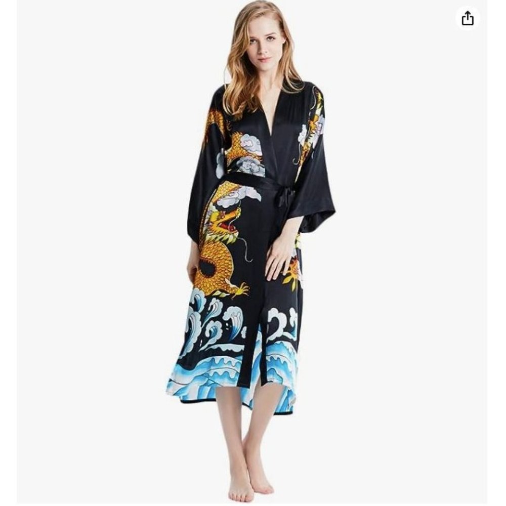 Grace Silk Black Dragon Long 100% Silk Kimono Robe OS